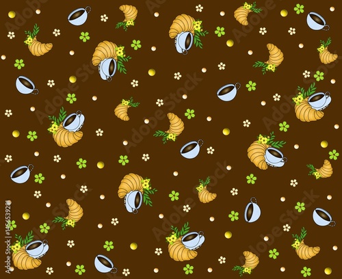 Pattern with cups of coffee, flowers and croissants on dark brown background
