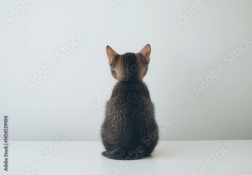 Kitten Sitting on Table Looking at White Wall with Curiosity