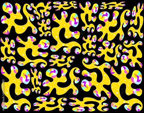 Pattern with yellow geometric shapes on black background