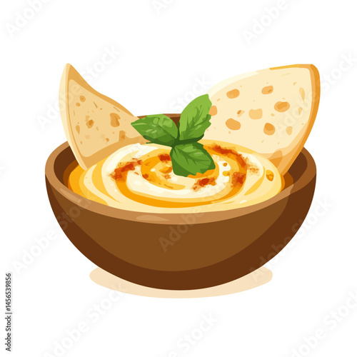A Simple flat 2D icon hummus with pita isolated on a transparent background, vector, flat design, animation design, simple flat 2D icon, minimalist design, clipart, illustration