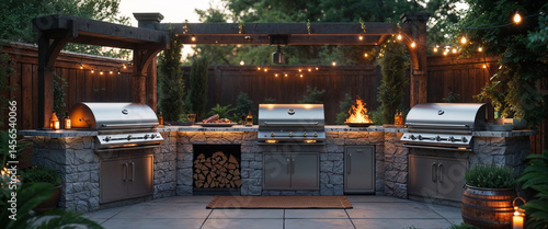 Luxurious outdoor kitchen with grilling area stone facade string lights and ambiance.