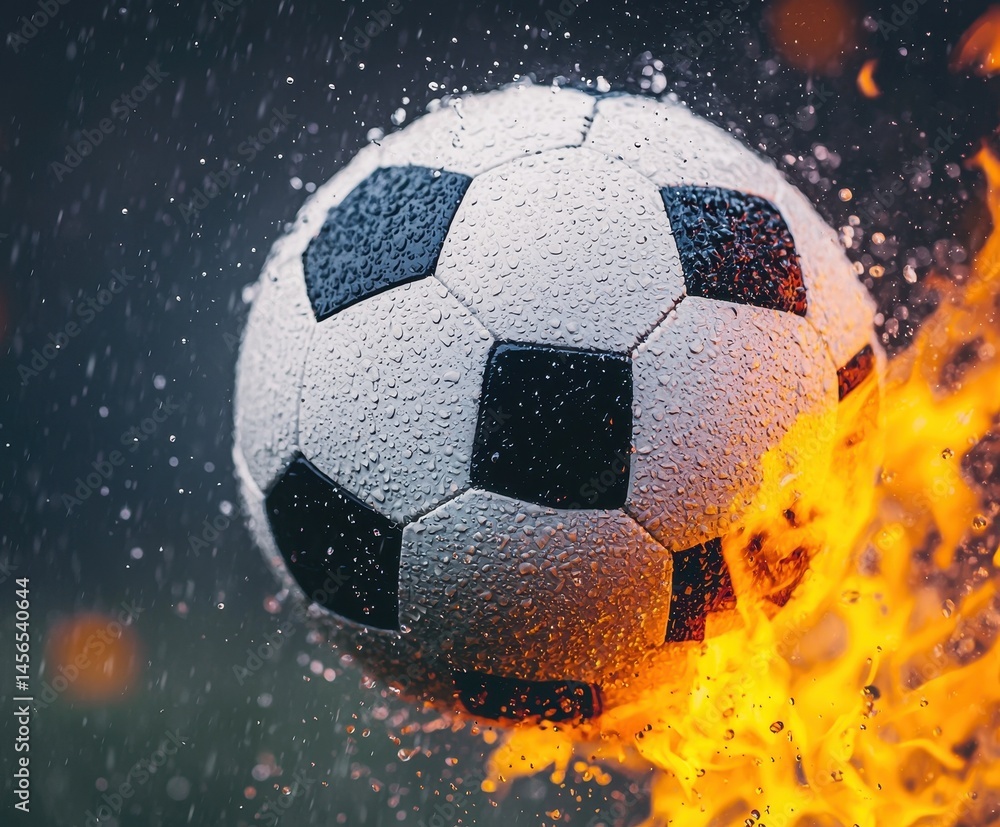 Naklejka premium Soccer Ball in Rain with Flames Symbolizing Intense Competition