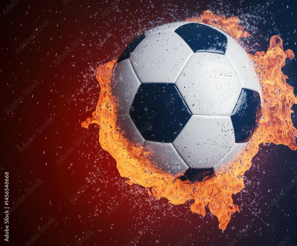 Naklejka premium Fiery Soccer Ball in Motion with Water Splash and Flame Background