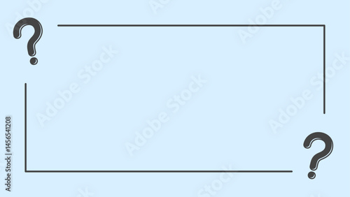 Two black question marks placed diagonally on a light blue background with a rectangular dark frame, leaving empty space for text.