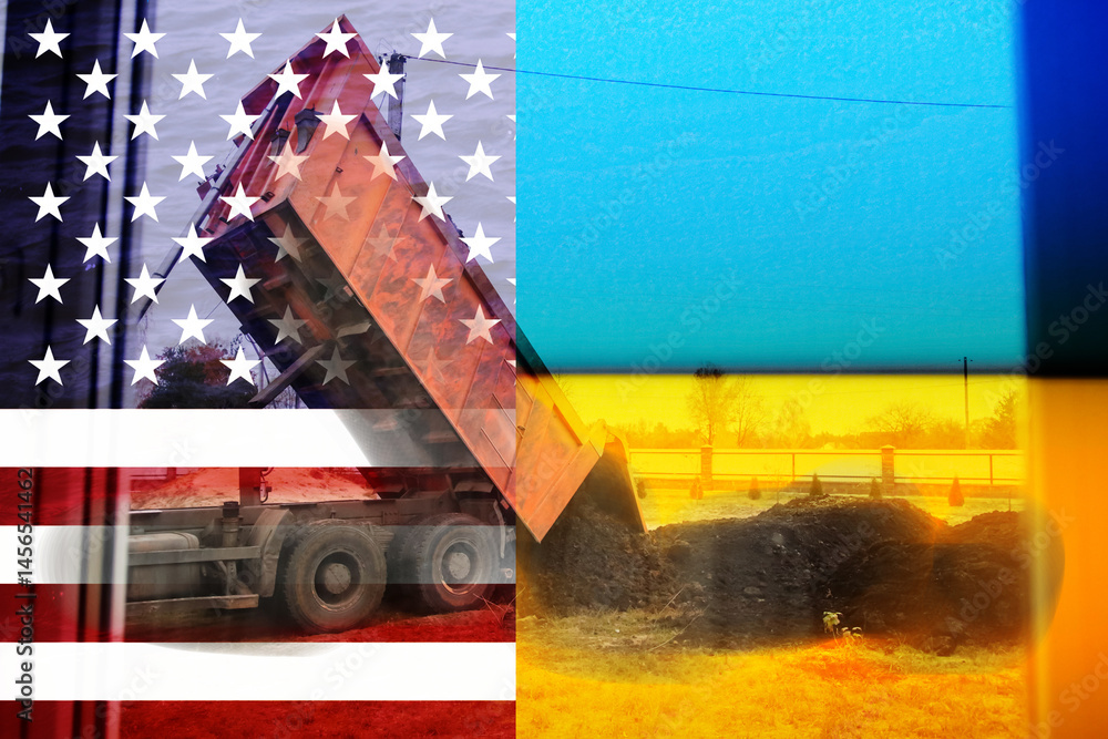 Flags of Ukraine and the USA next to a formal document symbolizing a strategic deal on rare earth metals and minerals. A conceptual image reflecting international cooperation, economic agreements