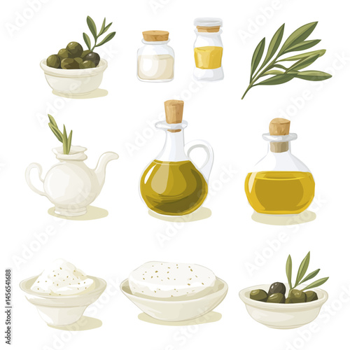 A Simple flat 2D icon of labneh with olive oil set collection isolated on a transparent background, vector, flat design, animation design, simple flat 2D icon, minimalist design, clipart, illustration