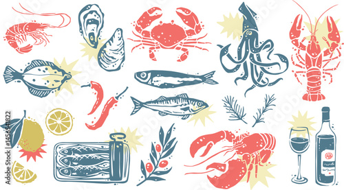 Seafood Creatures Isolated Design Set