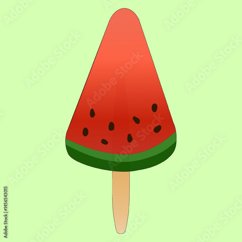 Summer vector illustration of juicy ice cream on a stick in the form of watermelon slice on light green background. Appetizing berry fruit ice. Perfect for Summertime and food themed designs.