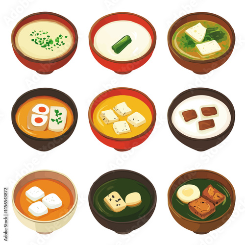 My Simple flat 2D illustration miso soup set isolated on a transparent background, vector, flat design, animation design, simple flat 2D icon, clipart
