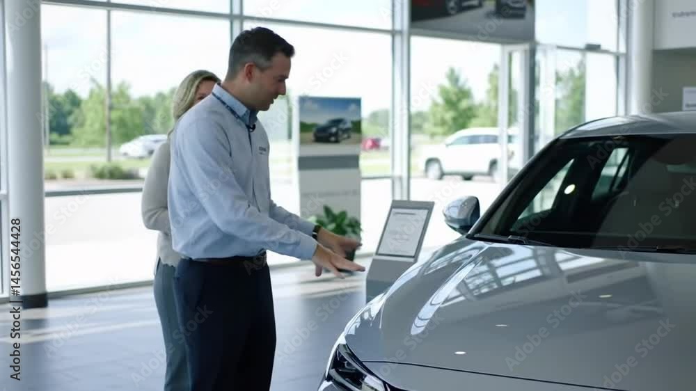Capture the detailed walkthrough as a car dealer explains the various features of a vehicle to a female customer inside a bright and modern showroom Capture the detailed walkthrough as a car dealer explains the various features of a vehicle to a female customer inside a bright and modern showroom