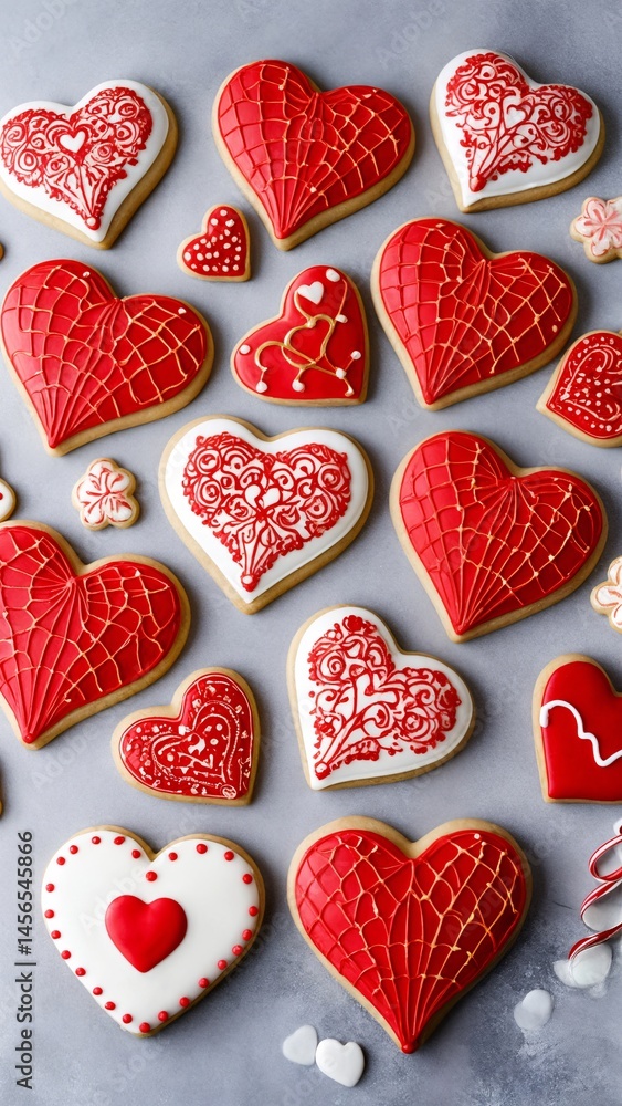 A bunch of heart shaped cookies that are on a table. A bunch of heart shaped cookies that are on a table.