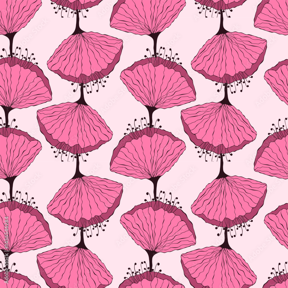 Obraz premium Pink flowers pattern, hand drawn contour flowers on light pink background. Ornament.