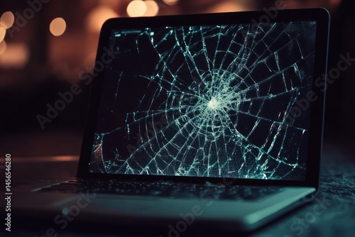 Cracked black screen of broken laptop with shattered glass