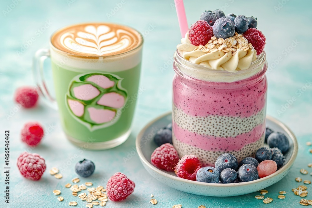 A refreshing matcha latte and a layered berry chia seed pudding with raspberries and blueberries. A refreshing matcha latte and a layered berry chia seed pudding with raspberries and blueberries.