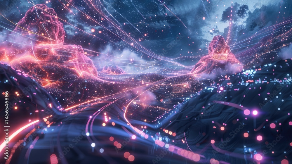 Obraz premium Abstract of nature view with colorful particle in hologram style represent combination of eco and technology, create futuristic visual with natural scenery perfect for design digital wallpaper. AIG53.