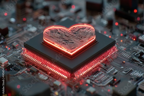 A heart-shaped circuit on a motherboard, characterized by its red glow and elaborate patterns, serves as a symbol of the intersection of technology and feeling