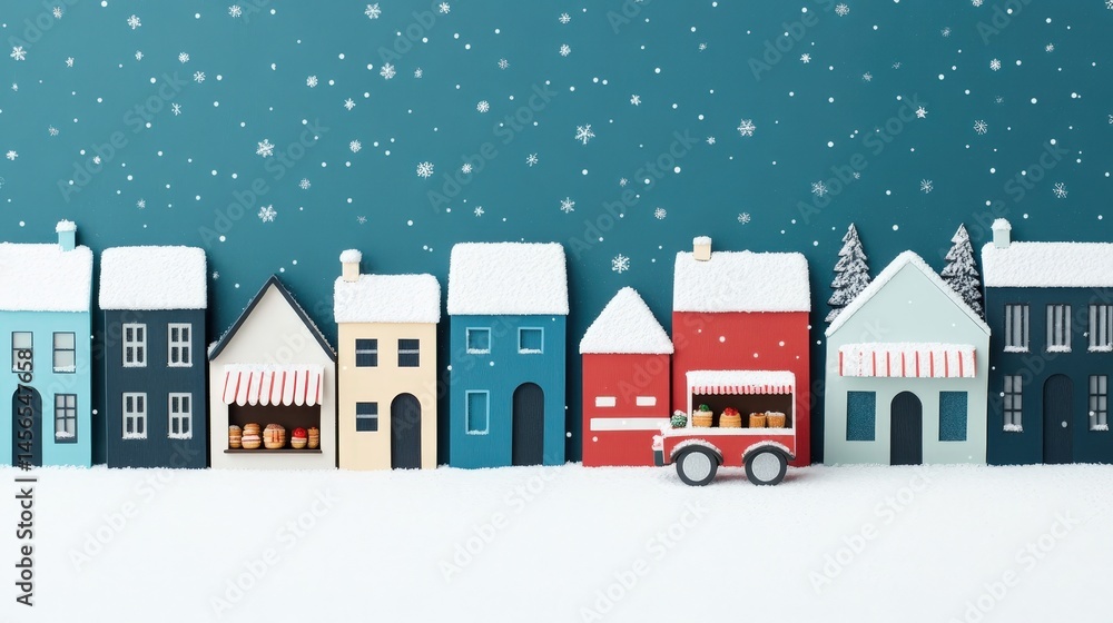 Fototapeta premium A row of colorful, snow-covered houses and shops with a red truck on a snowy street under falling snowflakes.