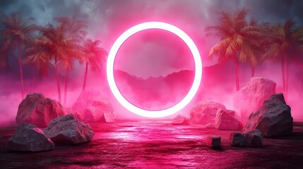 Leinwandbilder Rosa A high-quality representation of a fantastical landscape that includes a neon sign with a retro design is displayed  © Georgy