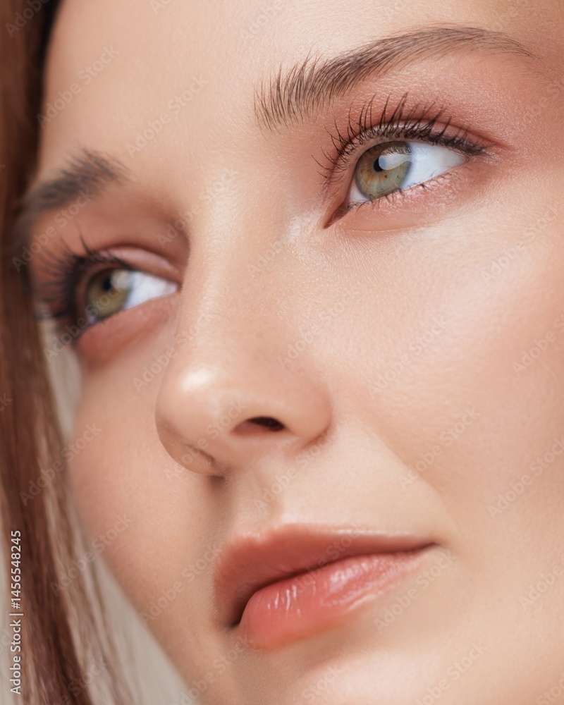 Extreme close-up of a woman s face featuring flawless skin, soft peach makeup, and natural glow. Perfect for high-end skincare, makeup, and cosmetic product advertising or editorials.