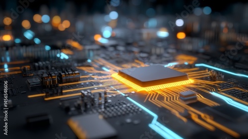 The image features computer technology with a circuit board in the background
