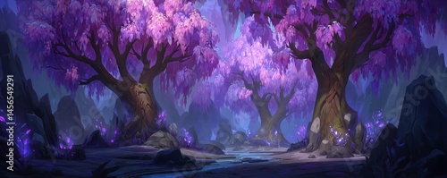 A blue glow and glowing purple-blue light pour into a dreamlike landscape of twisted, unnatural trees and radiant blue hues