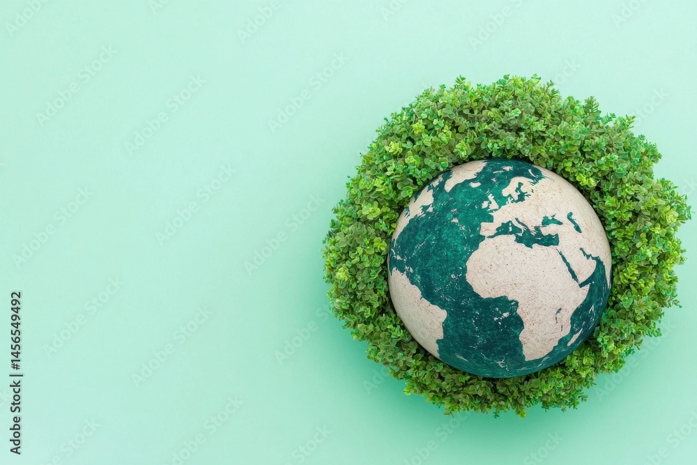 Eco-Friendly Globe Surrounded by Greenery on Soft Background Eco-Friendly Globe Surrounded by Greenery on Soft Background