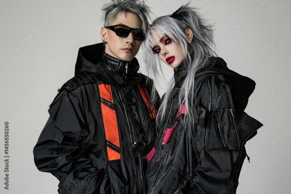 Stylish couple in futuristic black jackets, striking poses with edgy makeup and hair. Stylish couple in futuristic black jackets, striking poses with edgy makeup and hair.