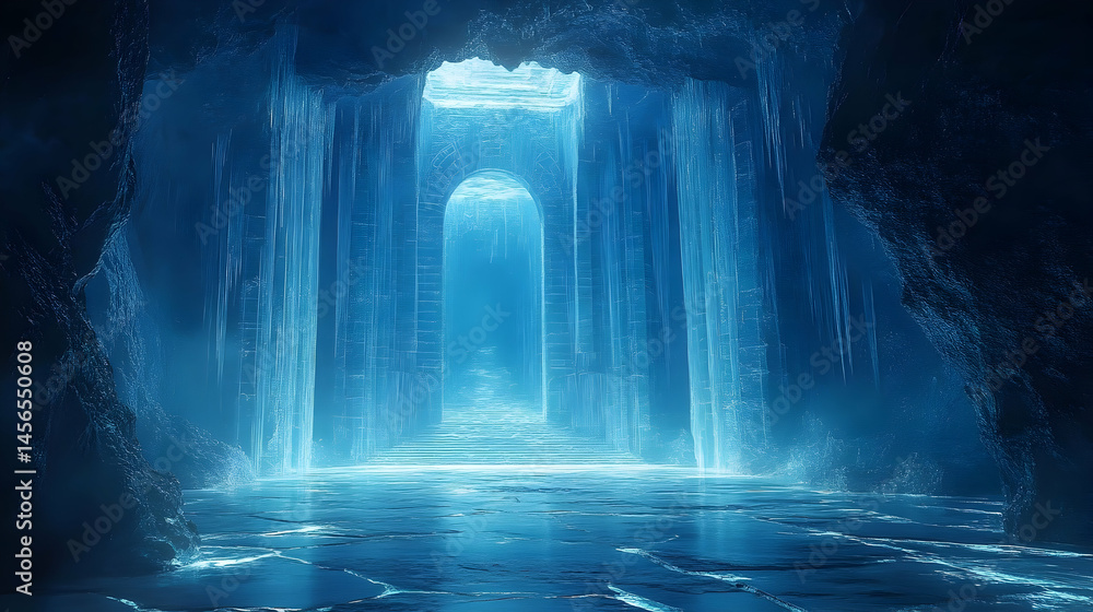 Obraz premium Frozen cavern interior with an icy waterfall.