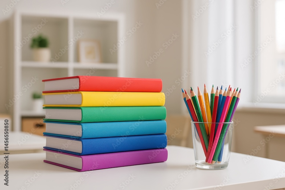 Fototapeta premium This vibrant image showcases a neatly stacked set of books, each wrapped in a different color of the rainbow, symbolizing diversity, creativity, learning. A glass holds an array of sharpened pencils