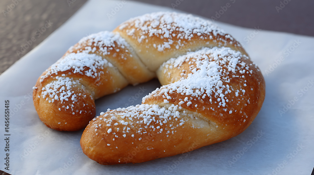 Delightful Confection: An overhead shot of a freshly baked croissant, generously dusted with powdered sugar, perfectly captures a scene of culinary artistry and exquisite indulgence. Delightful Confection: An overhead shot of a freshly baked croissant, generously dusted with powdered sugar, perfectly captures a scene of culinary artistry and exquisite indulgence.
