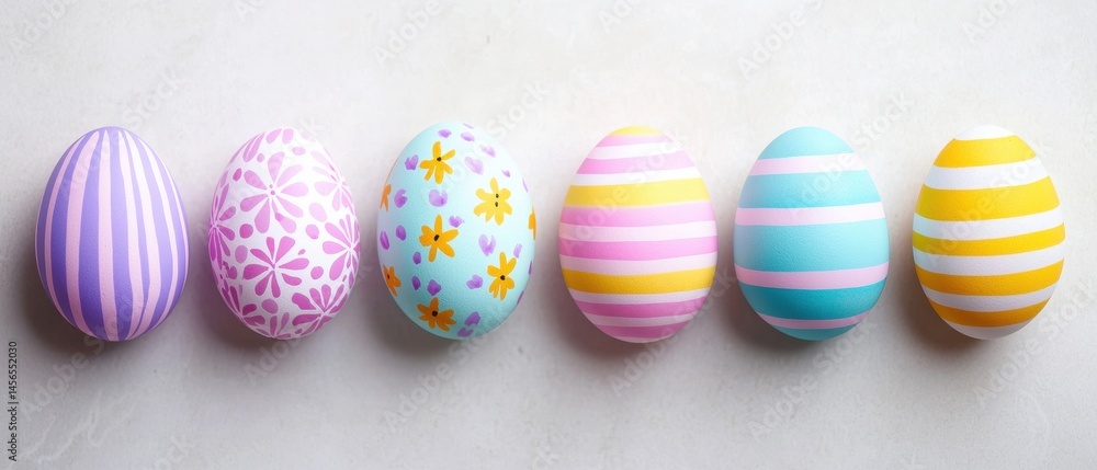 Fototapeta premium Colorful Easter Eggs in Pastel Shades and Unique Patterns on Table