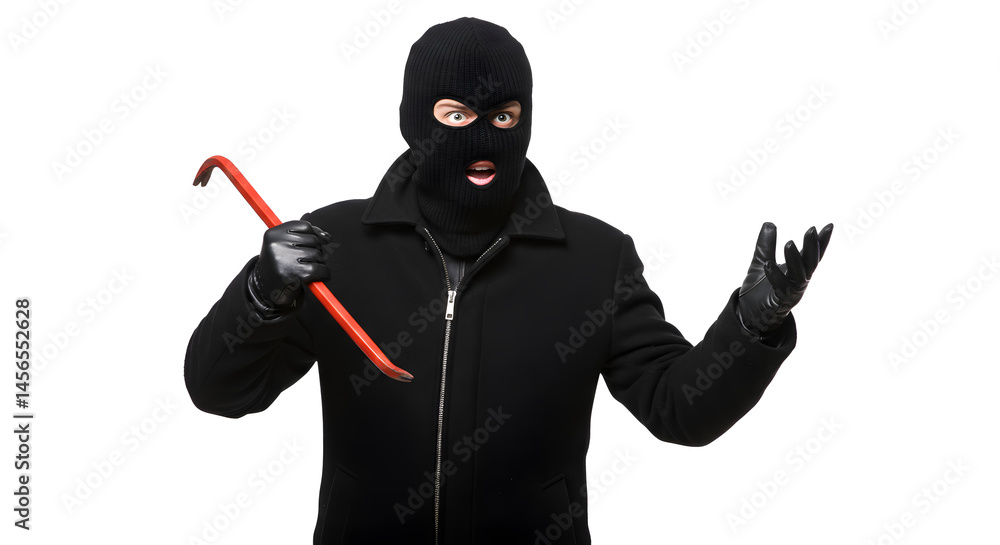 Man in Black Ski Mask Holds Crowbar with Frustration Against White Background Wearing Dark Coat and Gloves Man in Black Ski Mask Holds Crowbar with Frustration Against White Background Wearing Dark Coat and Gloves
