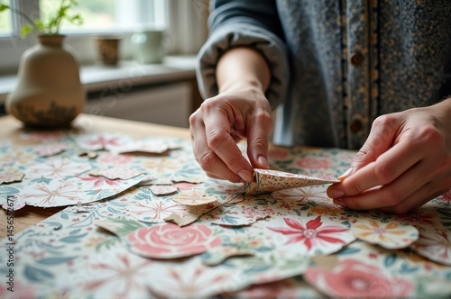 Hands crafting floral paper art in sunny workshop