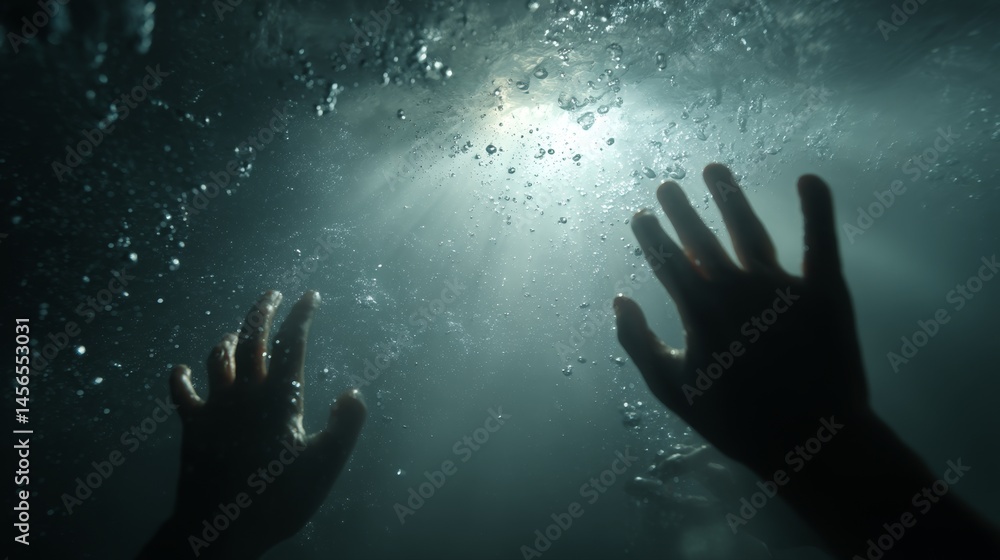 A person is submerged in a pool of dark water, with their hands stretched upwards towards the surface, evoking a surreal and haunting scene A person is submerged in a pool of dark water, with their hands stretched upwards towards the surface, evoking a surreal and haunting scene