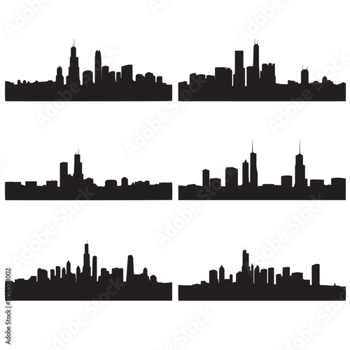 Vector silhouette set of Chicago skyline on white background 
