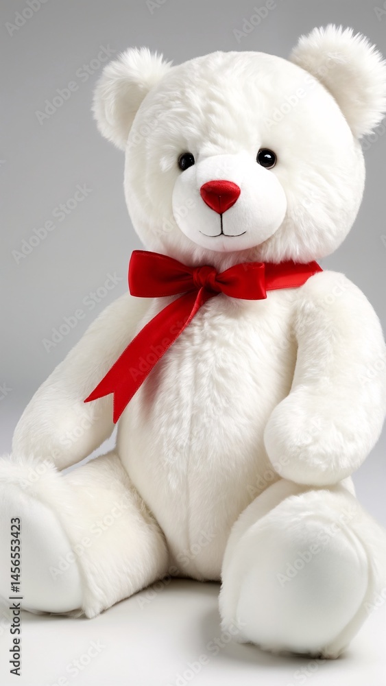 A white teddy bear with a red bow sitting on a white surface. A white teddy bear with a red bow sitting on a white surface.