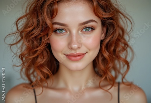 Mujer con cabello rojo rizado y ojos verdes brillantes sonríe suavemente