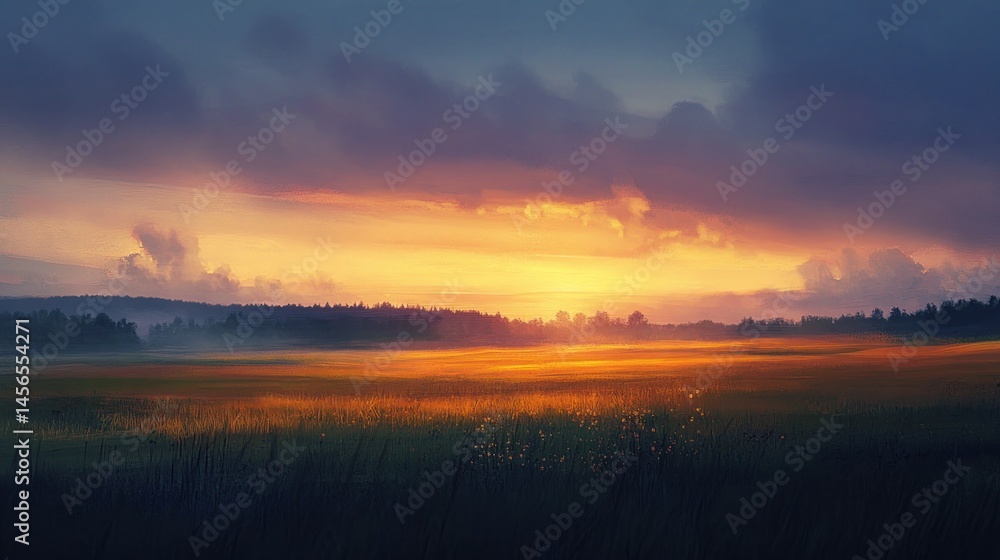 Fototapeta premium Golden sunset over a misty field