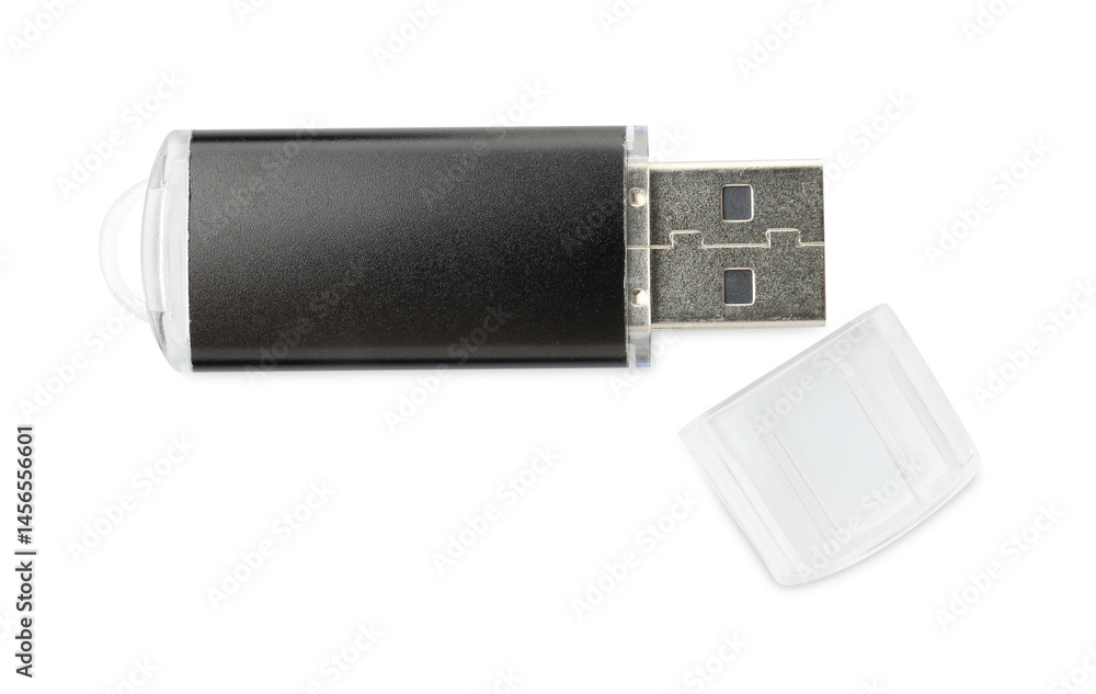 One modern flash drive isolated on white, top view One modern flash drive isolated on white, top view