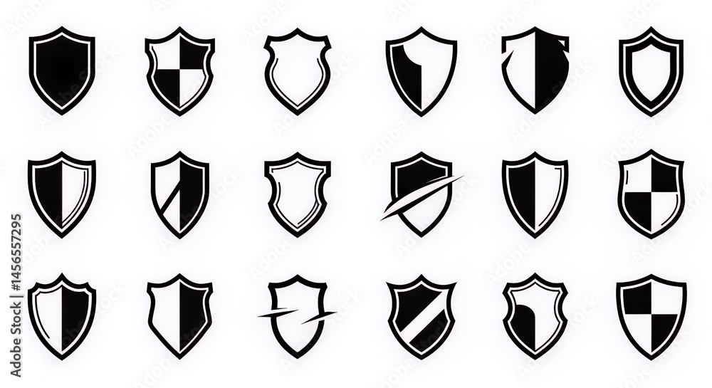 Collection of 18 Shield Icons: Black and White, Graphic Design Elements for Security, Protection, and Branding Collection of 18 Shield Icons: Black and White, Graphic Design Elements for Security, Protection, and Branding