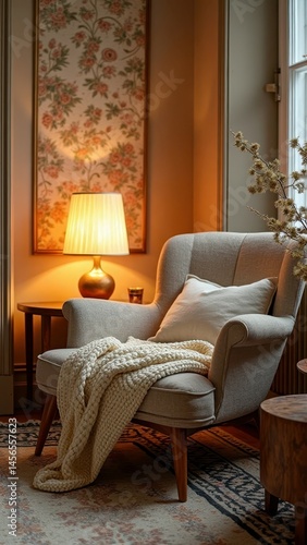 Cozy reading nook with armchair, knitted blanket, and warm lighting in a calm living room