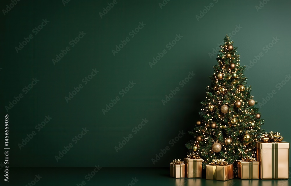 Elegant Christmas Tree with Gold Accents and Gifts in Green Room Elegant Christmas Tree with Gold Accents and Gifts in Green Room