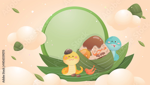 Chinese Dragon Boat Festival and round frame commercial poster, cute snake and rice dumpling mascot