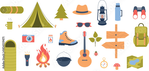 Isolated set of vector elements in flat style for camping.