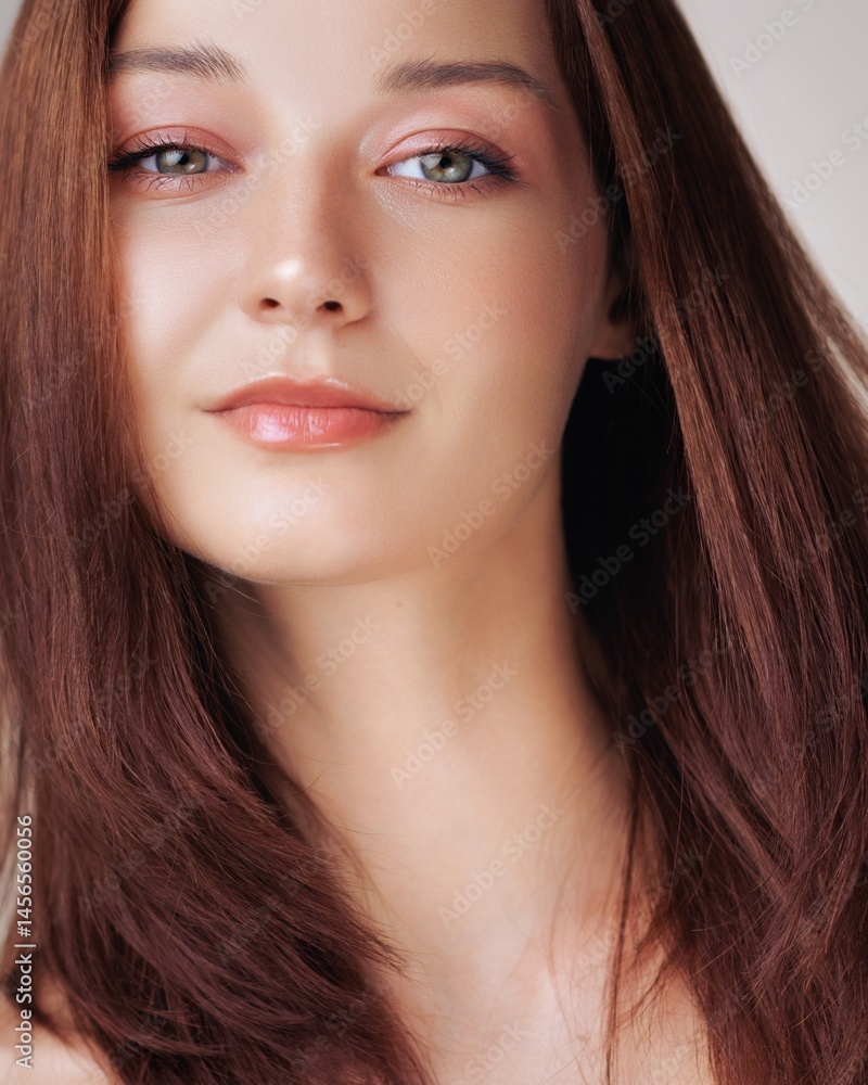 Close-up portrait of a young redhead Caucasian woman with smooth hair, glowing skin, and subtle makeup. Ideal for beauty, skincare, and haircare advertising and promotional content.