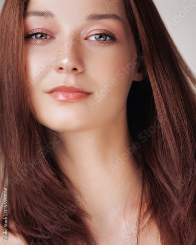 Obraz na płótnie Close-up portrait of a young redhead Caucasian woman with smooth hair, glowing skin, and subtle makeup. Ideal for beauty, skincare, and haircare advertising and promotional content. w salonie