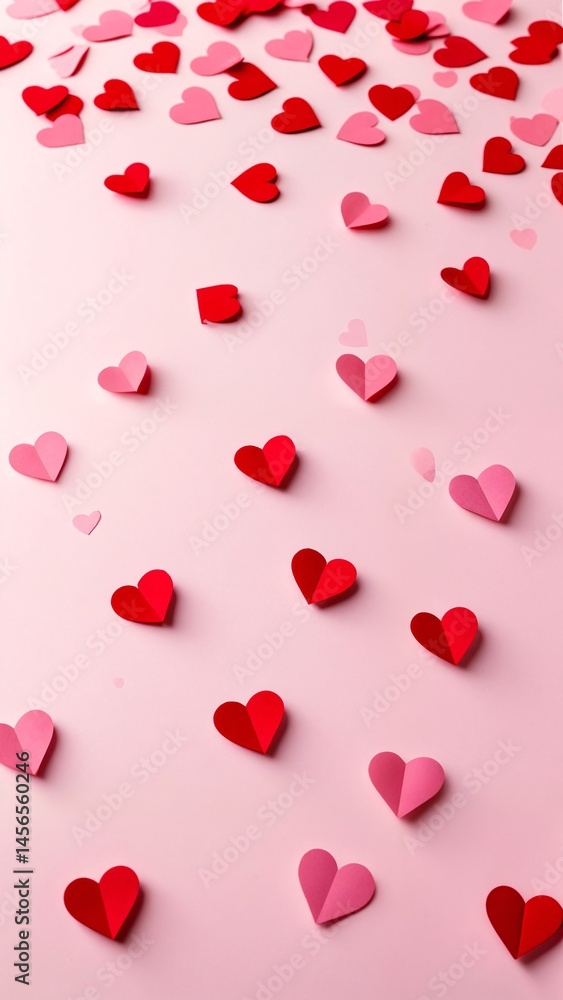 A pink background with many red and pink paper hearts. A pink background with many red and pink paper hearts.