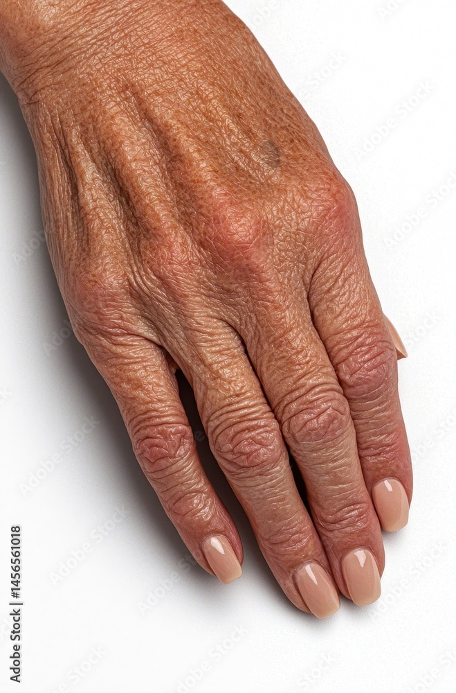 Fototapeta premium Close-up of an Aged Hand with Neatly Manicured Nails on White Background