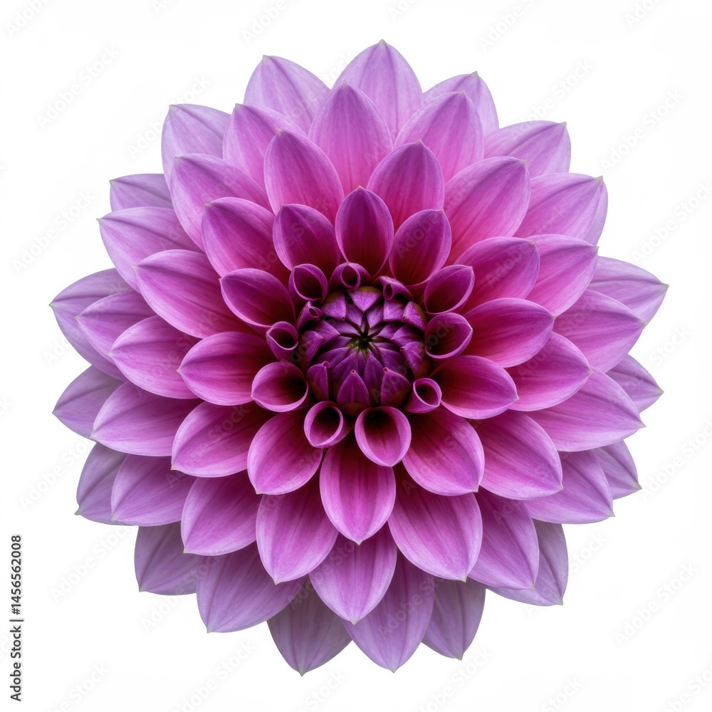 A single dahlia flower with layered petals in shades of purple and pink on a white background A single dahlia flower with layered petals in shades of purple and pink on a white background