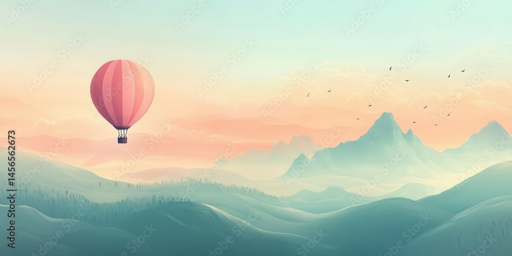 Fototapeta premium A detailed crayon drawing illustration scene with a hot air balloon soaring above rolling hills and distant peaks.